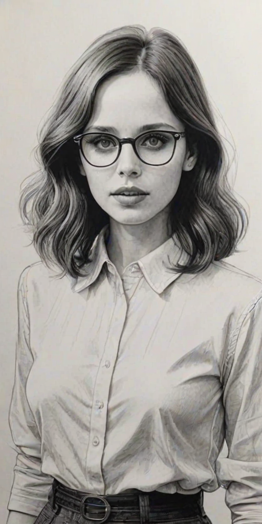 Radiant Felicity Jones, pencil sketch, portrait of Wonderful woman 1978s in glasses, hair style beatnik, outline, clear lines, fine lines, 8k