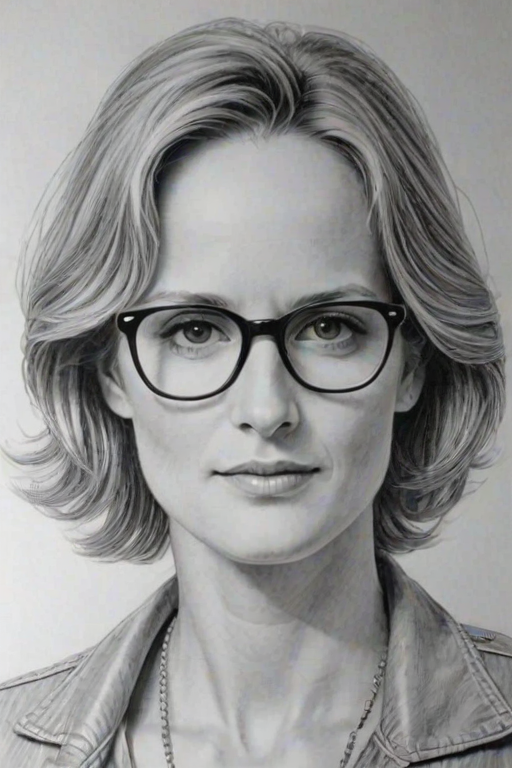 Captivating Helen Hunt, pencil sketch, portrait of Appealing woman 1977s in glasses, hair style beatnik, outline, clear lines, fine lines, 8k