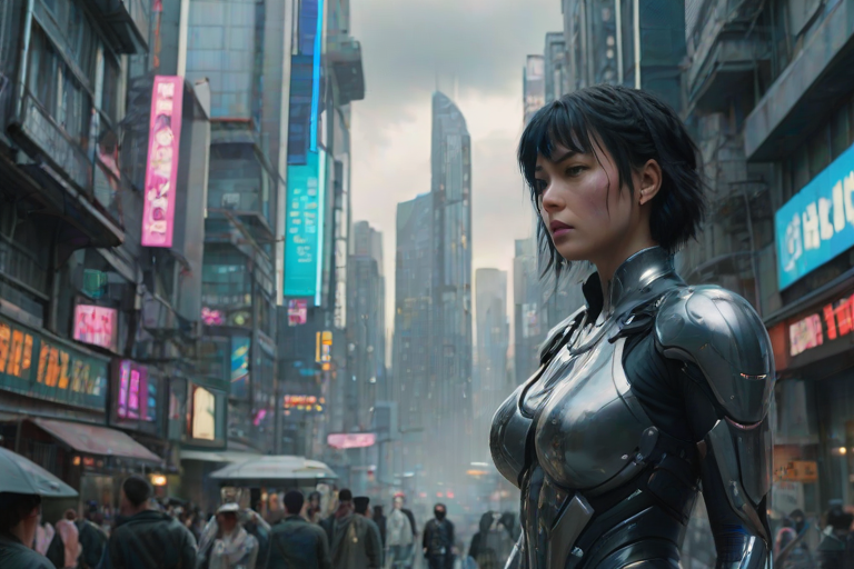xuer Asgard City,Diesel punk, diesel punk style,Realistic,Hyper-realistic,motion blur,going really fast masterpiece,deep focus, exaggerated Ghost in the Shell scenes and girl In a sci-fi mechanical chariot, in the style of cyberpunk imagery, in the style of hyper-realistic sci-fi, 32k uhd, marc simonetti, realistic and hyper-detailed renderings, snailcore, artgerm, neo-futuristic grand cybernetwork buildings, patchwork, exquisite details, complex and reasonable structures, bright, daytime, bustling cybercity and streets,full-line projection screens, special effects, laser rain, fluorescence, Asgard City, patchwork,  neon lights, Regular, Special Effects, Holographic Network, Exaggerated Facade, Walker cinematic photo This is a poster about the Asgard City