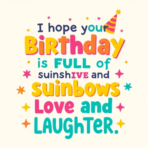 Create a bright and cheerful birthday greeting card design featuring playful typography with the message I hope your birthday is full of sunshine and rainbows and love and laughter. Use a variety of colors and fonts to highlight each word, incorporating festive elements like a birthday hat and decorative symbols such as stars and hearts against a light pastel background.