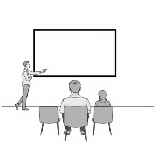 Create a minimalist illustration of a presenter pointing at a large screen with two audience members seated in front, using a DSLR camera with a 50mm lens, aperture f/1.8, ISO 100, and a clear, focused background.