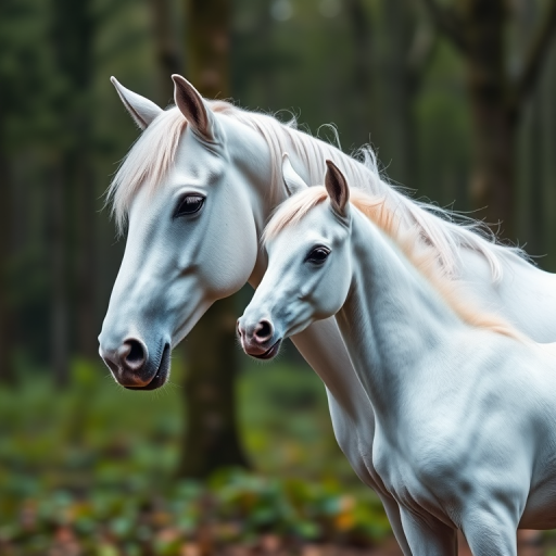 Create a high-resolution image of a majestic white unicorn and its foal in a serene forest setting, using a DSLR camera with an aperture of f/2.8, shutter speed of 1/250s, ISO 100, wide-angle lens at 24mm, capturing a soft bokeh effect in the background while maintaining sharp focus on the unicorns.