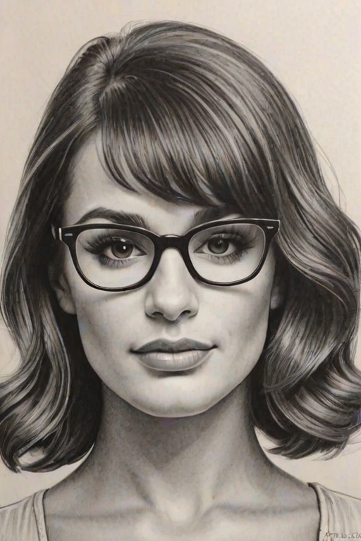 Dazzling Lea Michele, pencil sketch, portrait of Ravishing woman 1933s in glasses, hair style beatnik, outline, clear lines, fine lines, 8k