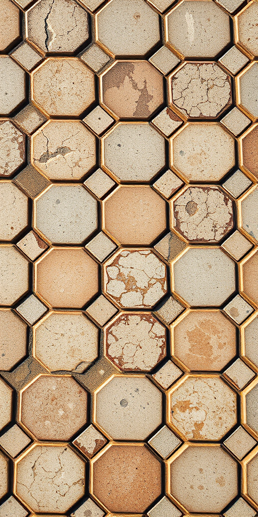 high-resolution close-up of a hexagonal tile pattern, natural lighting, ISO 100, aperture f/8, shutter speed 1/125s, captured with a DSLR camera, top-down view, macro lens
