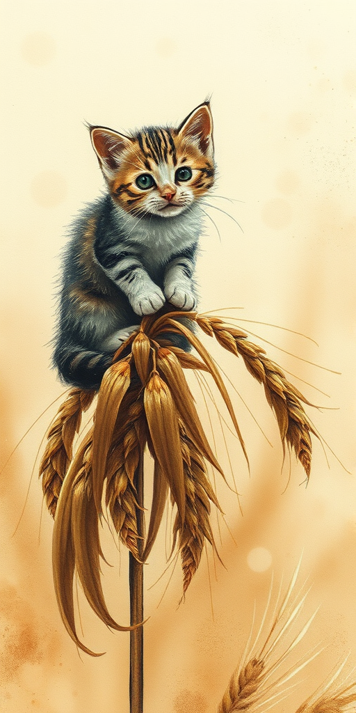Soft, muted Alcohol Ink with ebru effect background image of tiny whimsical cat, who climbed high on the top of a golden rye ear.