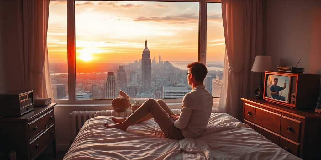Create a scene of a young man sitting on a bed in a cozy room, overlooking a sunset view over a city skyline with iconic buildings, soft lighting, warm colors, vintage items like a radio and old television on a dresser, camera settings: f/2.8, ISO 100, 35mm lens, HDR style, shot with a full-frame DSLR.
