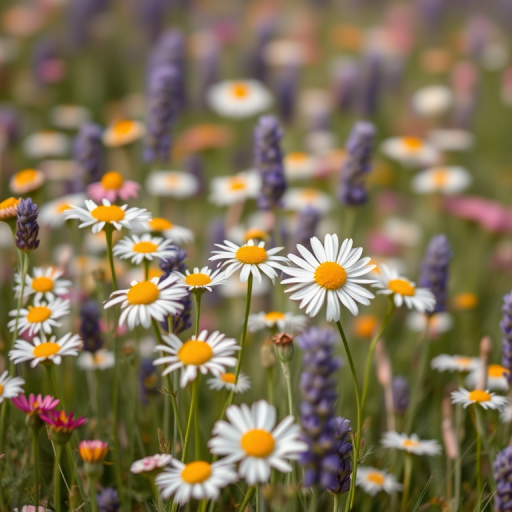 A vibrant field of wildflowers with daisies, lavender, and a soft pastel background, captured with a Canon EOS R5, 50mm lens, f/1.8 aperture, ISO 100, shallow depth of field for a dreamy effect, and a soft focus style.