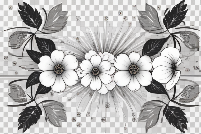 Elegant Black and White Floral Design with Delicate Leaves and Blossoms