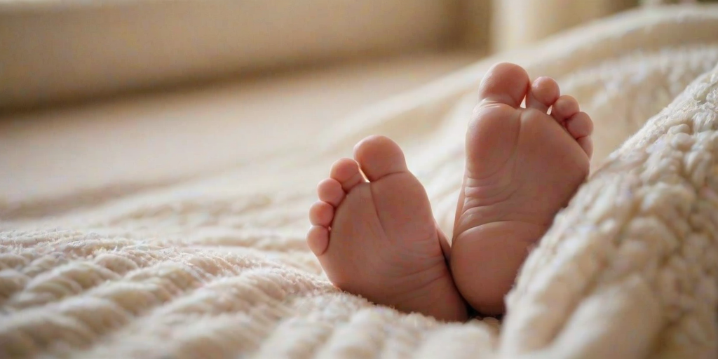Softly focused close-up of a newborn baby's feet, with soft natural light illuminating their delicate skin, and a cozy blanket and crib visible in the background.