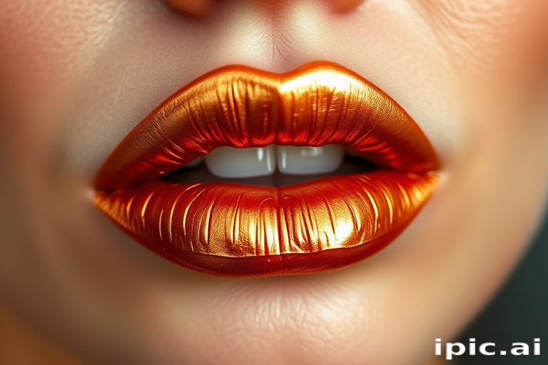 Metallic copper lips with a foiled texture, titled "Penny Gleam," exhibit a warm, autumn-inspired hue and unique light-reflecting properties
