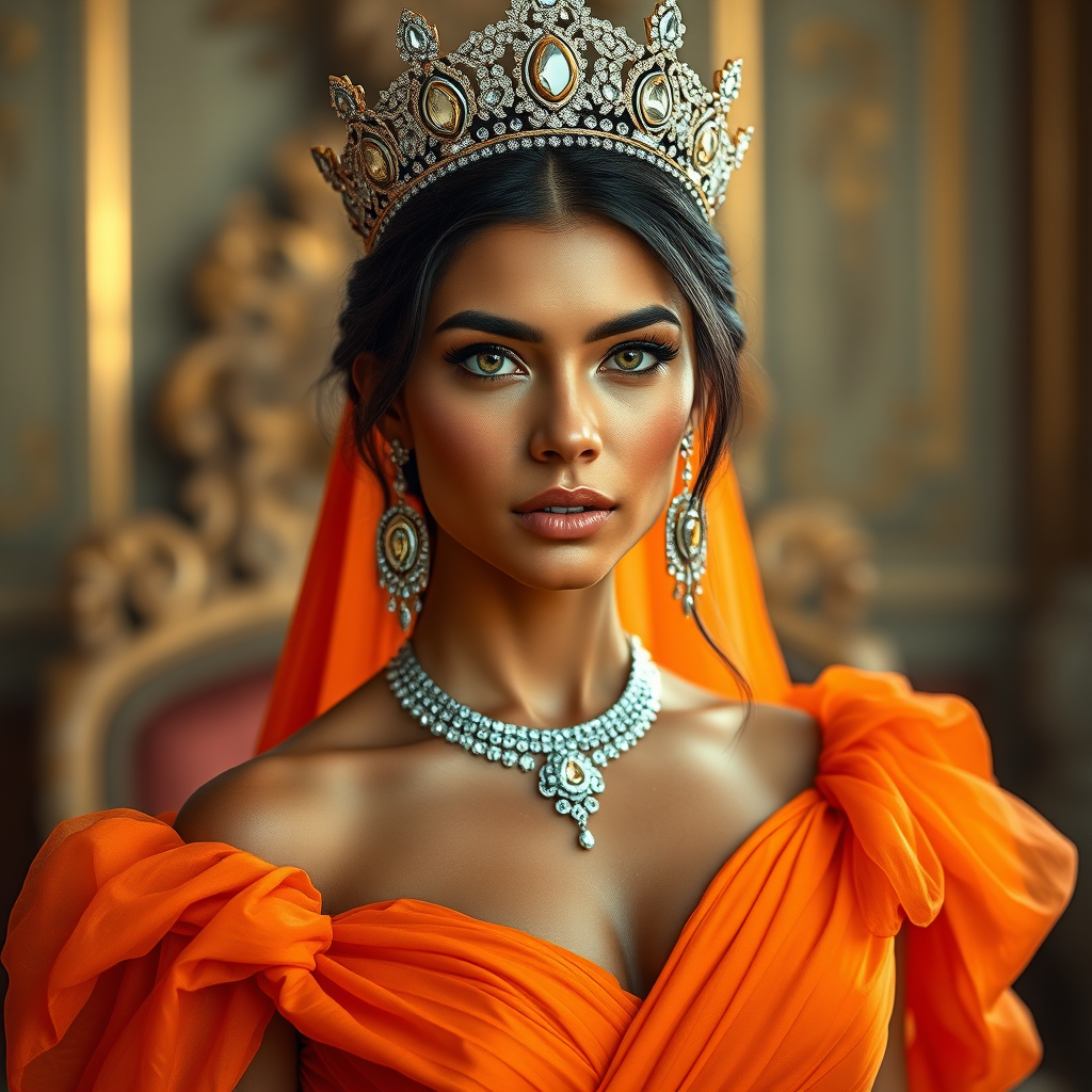 A gorgeous Native American woman in a luxurious orange gown, accessorized with a dazzling tiara and statement earrings, her deep Yellow eyes highlighted by impeccable makeup, poised in a royal setting, photorealistic, 8K quality