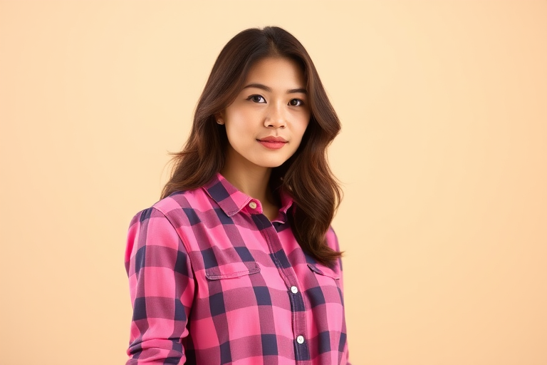 portrait of a woman wearing a pink plaid shirt with long sleeves standing against a beige background, soft natural lighting, shallow depth of field, 50mm lens, f/1.8 aperture, ISO 100, 1/200s shutter speed, vibrant colors and sharp details