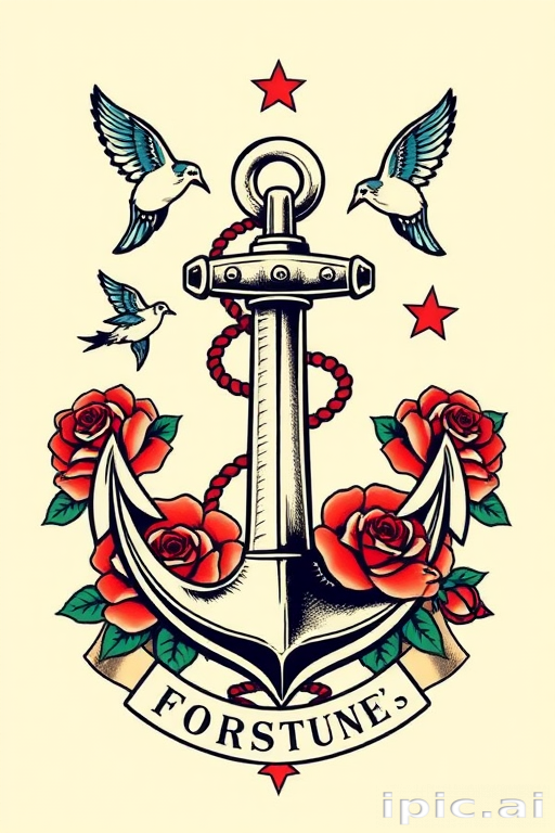 Traditional American tattoo style piece named "Sailor's Fortune" with bold outlines and bright primary colors depicting a classic anchor surrounded by roses swallows and nautical stars symbolizing hope and guidance