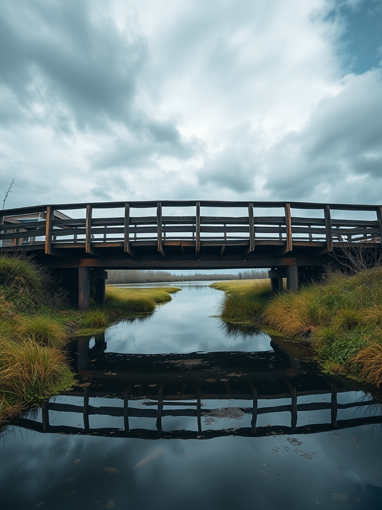 Create a serene landscape image of a wooden bridge over a river with a cloudy sky, capturing the reflection in the water, shot with a Canon EOS R5, 24mm lens, f/8 aperture, ISO 100, in natural light, and a wide-angle view to enhance the scene's depth and detail.