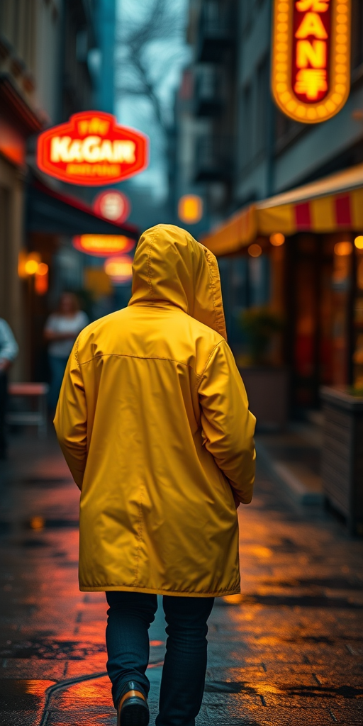 capture a person in a bright yellow raincoat walking down a wet street illuminated by warm restaurant lights during twilight, depth of field f/1.8, ISO 200, 50mm lens, DSLR, side view, soft bokeh effect