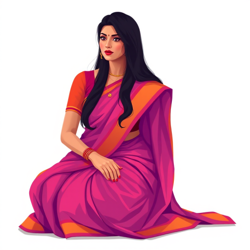 Generate a vibrant vector illustration of a woman in a traditional saree with long black hair, seated gracefully, soft lighting, 50mm lens, f/2.8 aperture, ISO 100, shot from a slightly elevated angle, digital art style, high resolution.