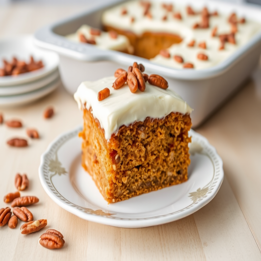 Carrot cake slice topped with cream cheese frosting and chopped pecans on a decorative white plate with a blurred background of more cake in a baking dish