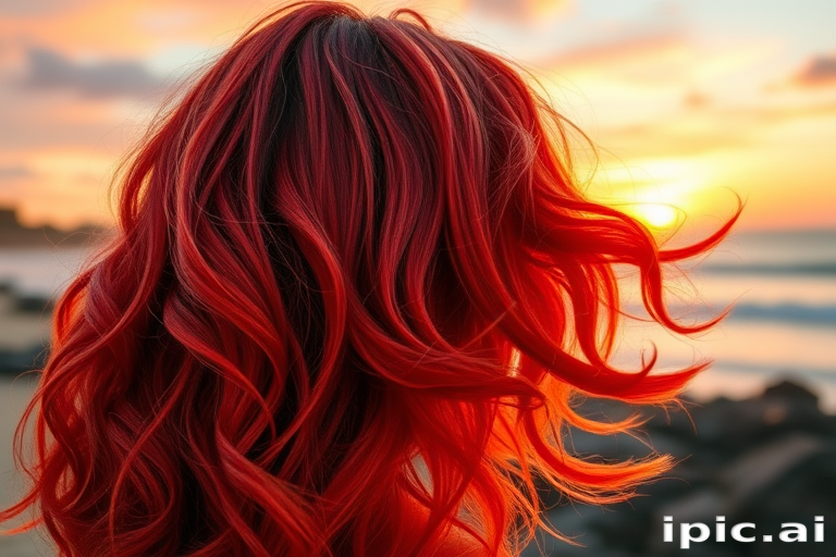 Fiery crimson ombre fades into warm coral tips, styled in voluminous beach waves that evoke the image of a breathtaking sunset, radiating warmth and passion.