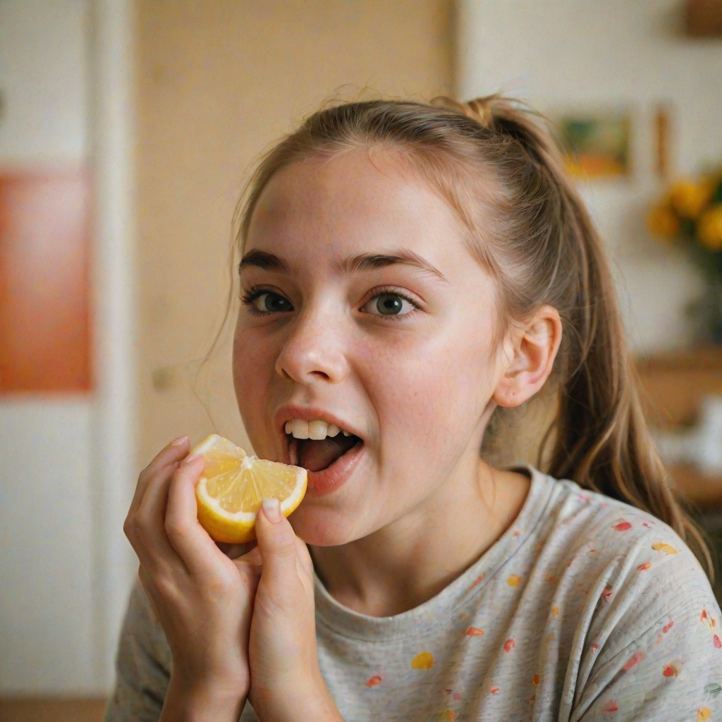 A candid photograph of a young girl biting into a slice of lemon. Her face is scrunched up from the sour taste, capturing a moment of surprise and playfulness. She has light brown hair, tied back in a ponytail, and wears a casual, colorful top. The background is softly blurred, keeping focus on her expression and the lemon slice. Natural lighting illuminates her face, highlighting her reaction with a soft, warm tone. The image has a bright and cheerful atmosphere, with a high contrast. The photo was captured with a 50mm lens and shot on Kodak Portra 160 film.