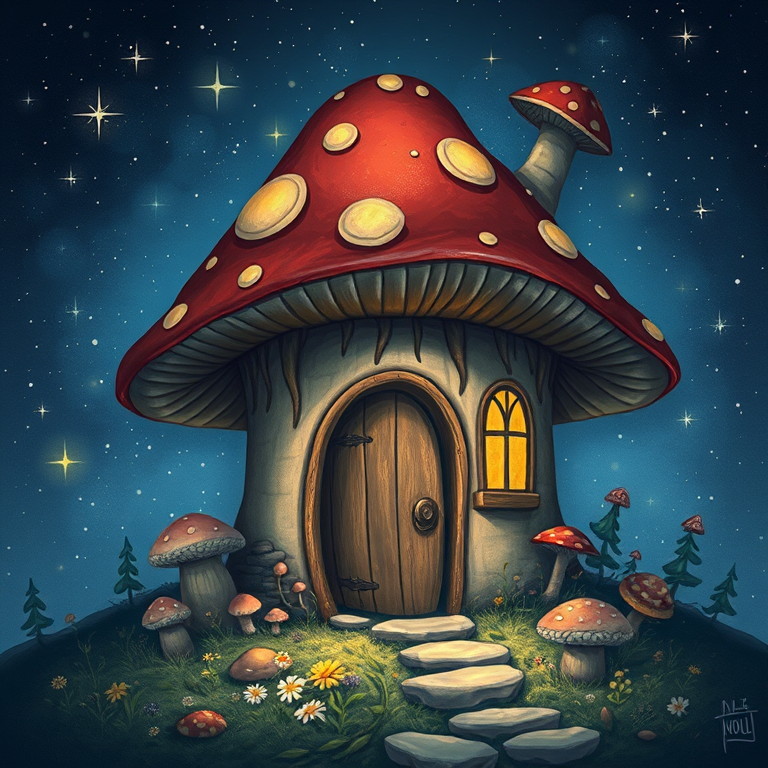 this picture is illustration of a mushroom house with a door and a window, a storybook , fantasy art, mushroom house, bg starry sky, sparkles