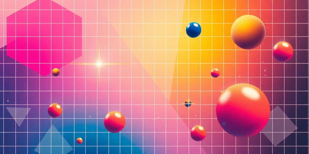 Create a vibrant abstract digital artwork featuring a retro grid background with geometric shapes and floating spheres, shot with a high-resolution camera at f/2.8, ISO 200, 1/60s, framed in a wide-angle view to capture all elements with a soft focus style, digital format.
