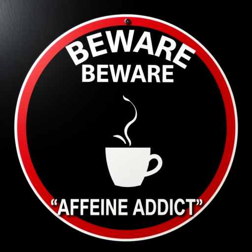 Regenerate the image of a warning sign featuring a silhouette of a person reaching for a coffee cup, with the text "BEWARE" above and "CAFFEINE ADDICTS" below, captured using a DSLR camera with a 50mm lens, aperture set to f/1.8, ISO 100, and a vibrant color profile, with a clean black background and high contrast for clarity.