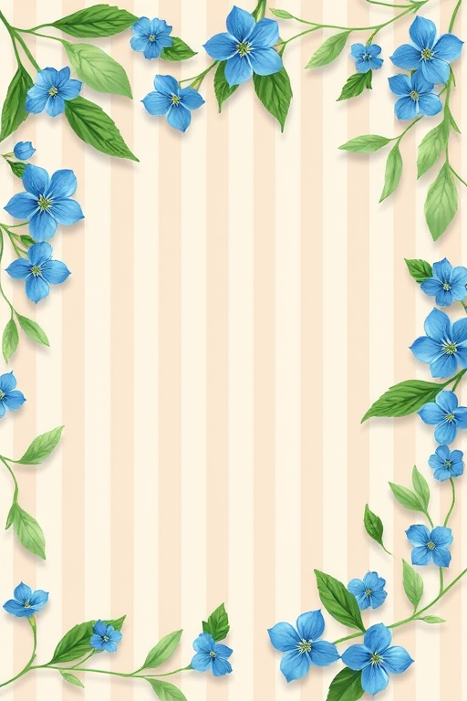 floral border design with blue flowers and green leaves on a beige striped background, circular frame, high resolution, camera settings f/4.0, 1/125s, ISO 100, shot at 50mm, natural light, macro photography style, using a DSLR camera