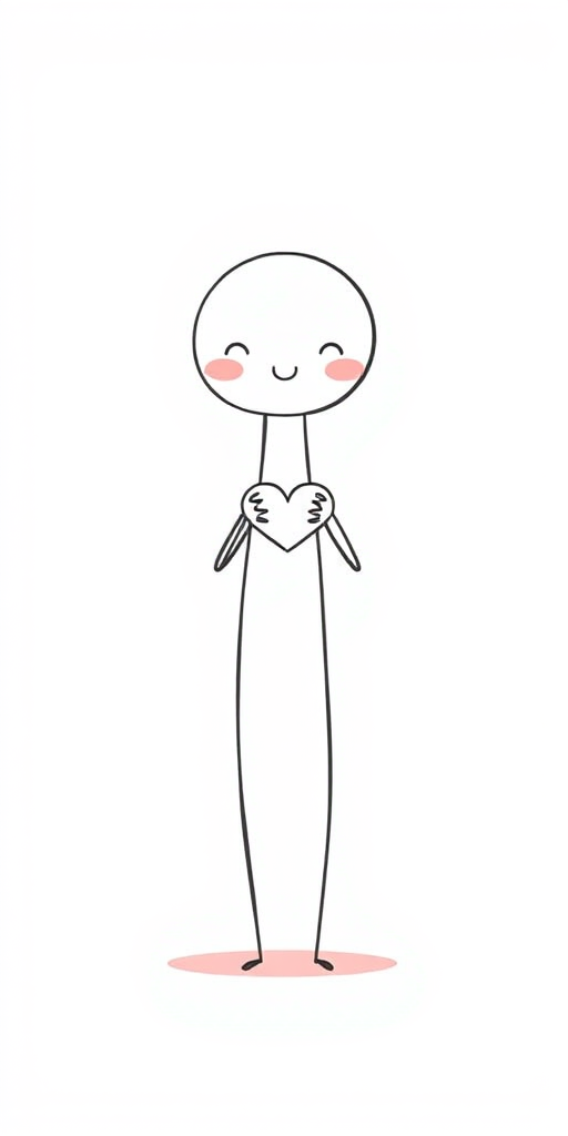 Create a simple cartoon character with a long body and a rounded head. The character should have blushing cheeks and be holding a heart shape with its hands. The style should be minimalistic with clean lines and a playful expression. Use a white background for a cheerful look.
