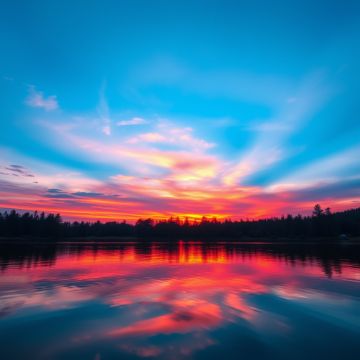 Create a high-resolution image of a stunning sunset over a tranquil lake with vibrant colors reflecting on the water, using a DSLR camera, 50mm lens, f/2.8 aperture, ISO 100, with a wide-angle view and taken in natural light.