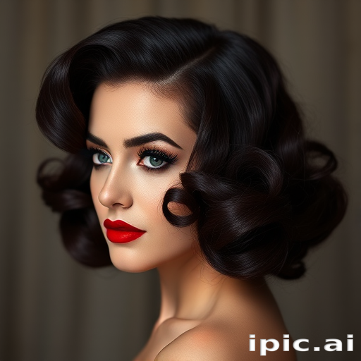 Sultry dark burgundy mane styled in voluminous vintage victory rolls, exuding old Hollywood glamour, aptly named "Velvet Vixen"