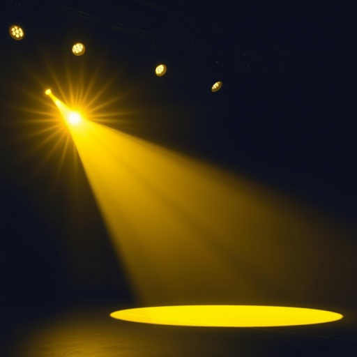 Create an illustration of a stage spotlight emitting a bright yellow beam of light, captured with a Canon EOS R5, 50mm lens, f/1.8 aperture, ISO 100, 1/200 sec exposure, shot from a low angle to emphasize the light's intensity and focus on the spotlight design.