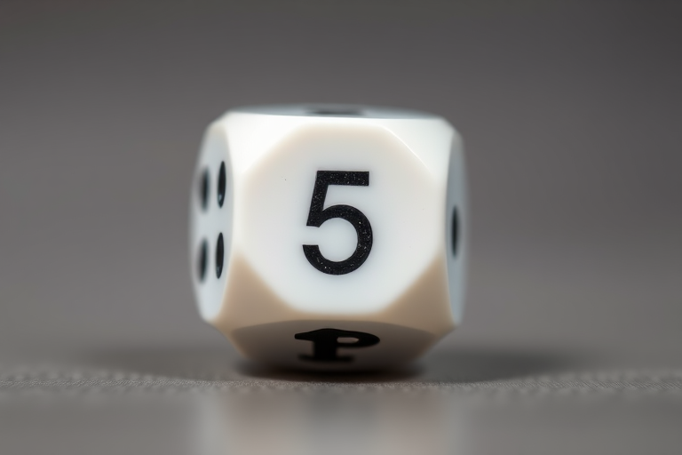 Create a high-resolution close-up image of a white six-sided die showing the number five, with a soft focus background, using a 50mm lens at f/2.8, ISO 100, and a shutter speed of 1/60s, capturing natural light for enhanced contrast and detail.