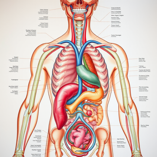 Create a highly detailed anatomical illustration of the human body, showing organs and systems in a clear and colorful style, using a DSLR camera with a 50mm lens, f/8 aperture, ISO 100, and soft natural lighting for enhanced clarity and depth.