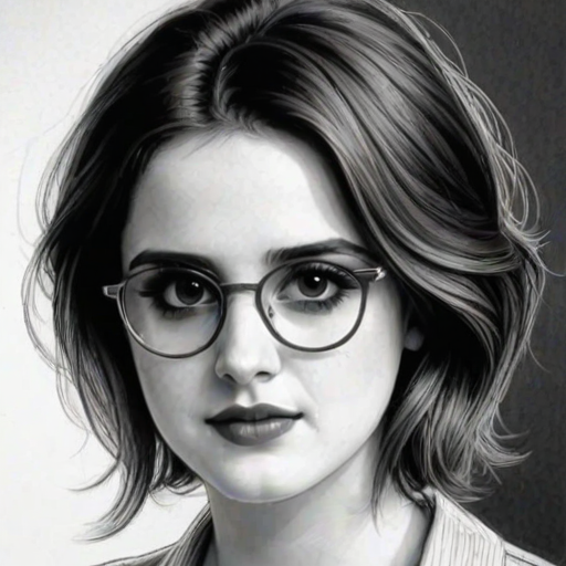 Beauteous Laura Marano, pencil sketch, portrait of Gorgeous woman 1929s in glasses, hair style beatnik, outline, clear lines, fine lines, 8k