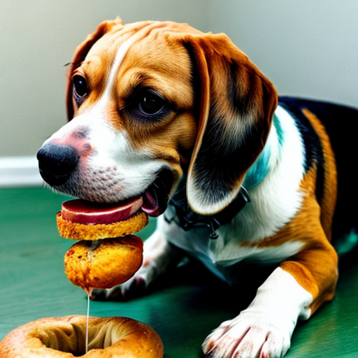 A beagle (dog) eating a bagel sandwich with his paws