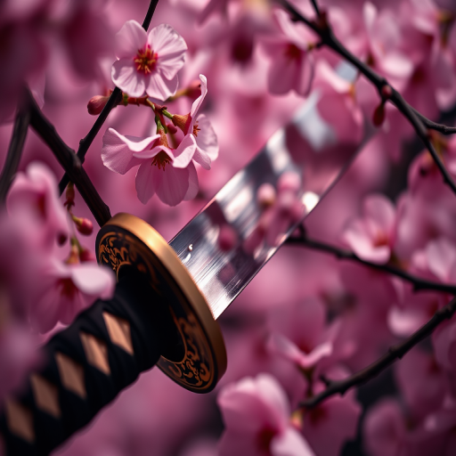 Close-up of a traditional katana sword nestled among cherry blossom branches, petals falling gracefully around it, shot with a Canon EOS R5, 85mm f/1.2 lens, ISO 100, 1/200 sec, in low light with a shallow depth of field, emphasizing the sword's details and the soft pink petals.