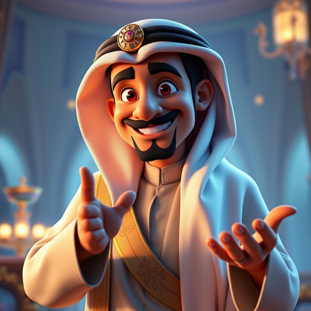 Create a 3D rendering of a wealthy Arab male sheikh from Dubai, inspired by the Disney animation style. The sheikh must have a smile and a playful but wise character. Place your character in an atmosphere of wealth and luxury. The image must be in high resolution format. Dynamic pose above the waist, gesturing with hands (Pixar Art style)++ highly detailed digital painting, art stations, concept art, soft focus, hard focus, illustrations. cinematic, visual effects, HDR, Unreal Engine 5, ray tracing, soft light, 8k, high detail, sparkling backlighting, luxury gem, game art, 3d, cartoon, colorful, magical, mysterious