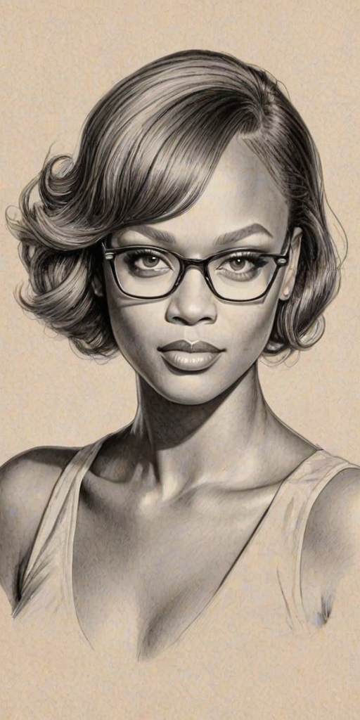 Lovely Tyra Banks, pencil sketch, portrait of Delightful woman 1935s in glasses, hair style beatnik, outline, clear lines, fine lines, 8k