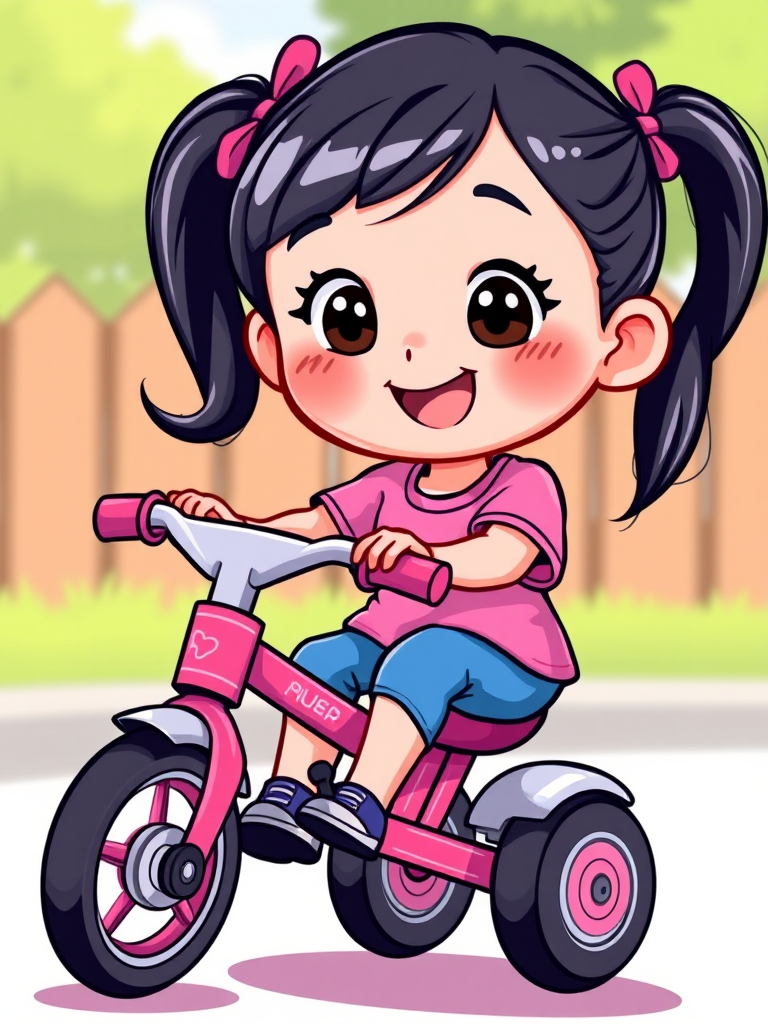 Create a vibrant cartoon illustration of a young girl with black hair in pigtails, wearing a pink shirt and blue pants, riding a pink tricycle, with a playful expression; use a digital art style, 300 DPI resolution, soft shading, and vivid colors for enhanced quality.