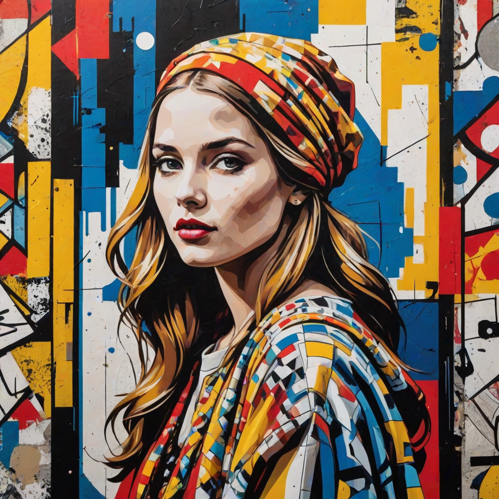 A vibrant artwork blending bohemian style with edgy street art, featuring a young Swedish woman. The design mixes vibrant colors with the modern Disney-inspired style, echoing Roy Lichtenstein's pop art. The overall mood is optimistic and trendy, with elements of Johannes Vermeer’s classic elegance, combined with the geometric abstraction of crystal cubism. add Stockholm silhouette
