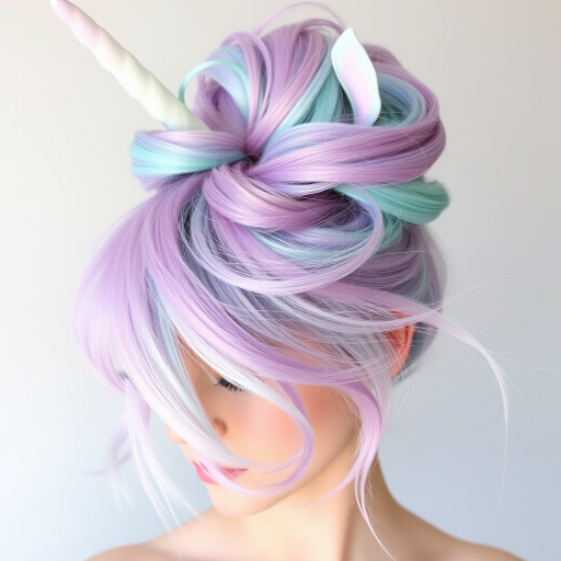 Ethereal pastel rainbow unicorn hair styled in a high messy bun, Whimsical Dreamscape look, blending soft hues of lavender, mint, baby blue, and pale pink in a swirling pattern with wispy tendrils framing the face