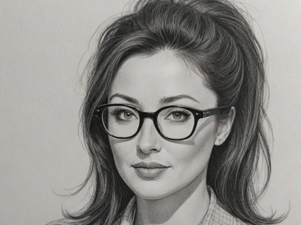 Beauteous Shannon Doherty, pencil sketch, portrait of Ravishing woman 1962s in glasses, hair style beatnik, outline, clear lines, fine lines, 8k