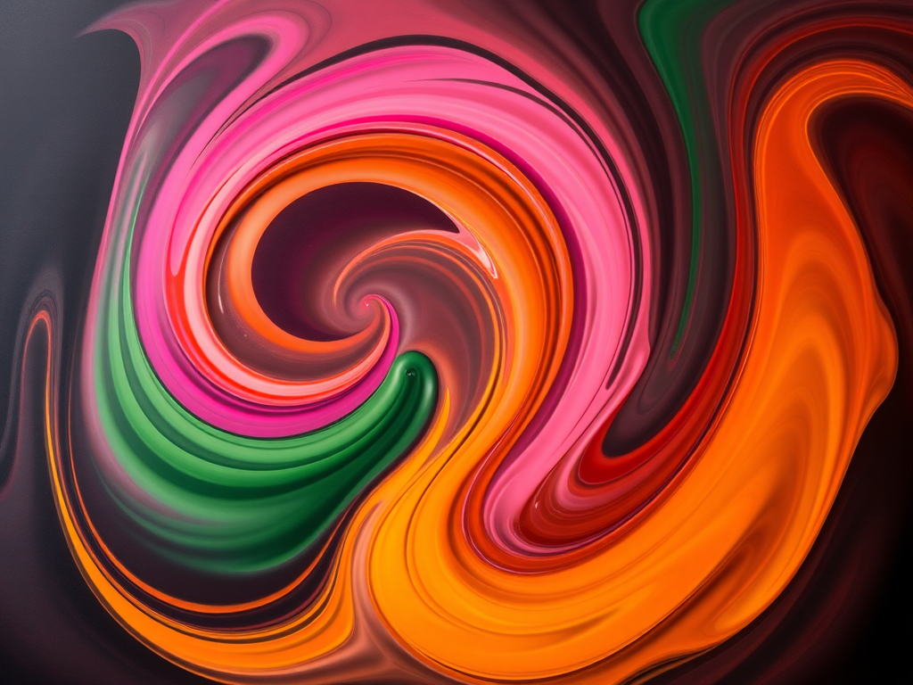Create an abstract art piece featuring vibrant swirls in shades of pink, orange, green, and yellow on a dark background with smooth gradients, using a Canon EOS R5 with a 50mm f/1.2 lens, ISO 100, aperture f/8, and shutter speed 1/125s to enhance image clarity and depth.