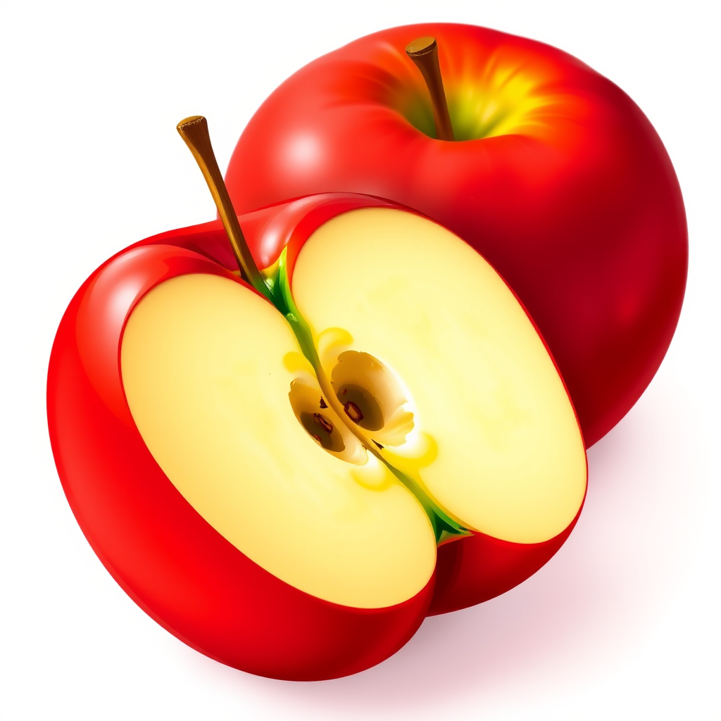 Create a vibrant and detailed illustration of two red apples with one sliced open, showing its interior with a focus on texture and color, using a DSLR camera with a 50mm lens, aperture set to f/2.8 for a shallow depth of field, ISO 100, and soft natural lighting for enhanced clarity and contrast.