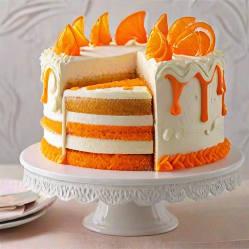 Create an image of a layered cake with cream frosting, featuring a unique decoration of vibrant, elongated orange sugar or candy tendrils standing upright around the top. The cake should have multiple layers visible, showcasing a rich filling. The background should be simple and light to emphasize the cake's details.