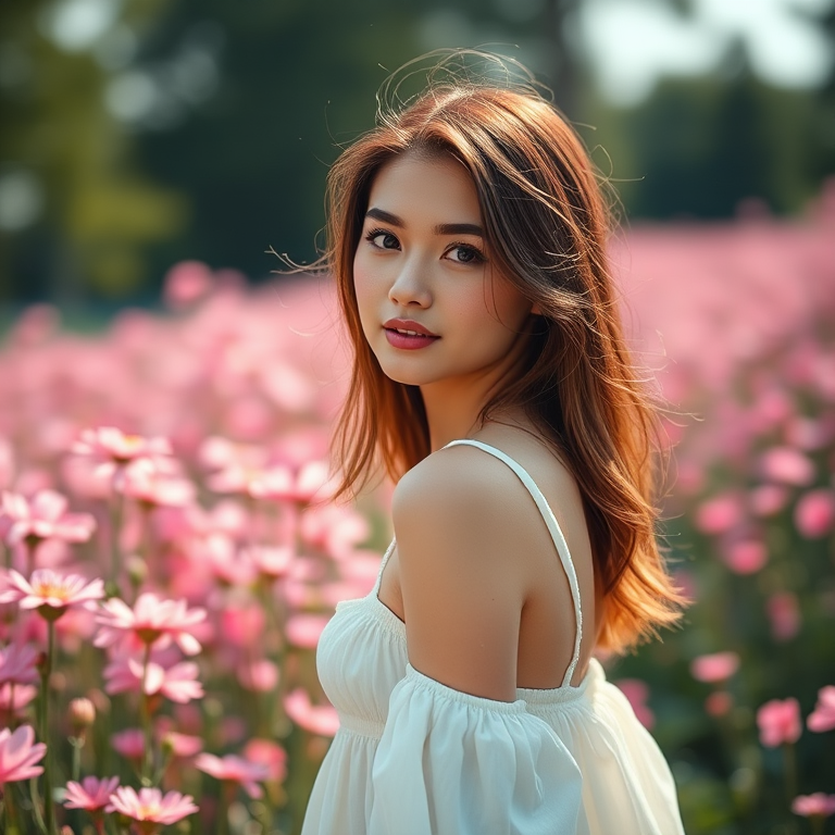 portrait of a young woman in a white dress standing in a field of pink flowers with soft natural light, aperture f/1.8, ISO 100, shutter speed 1/200s, shot from eye level using a DSLR camera with a 50mm lens