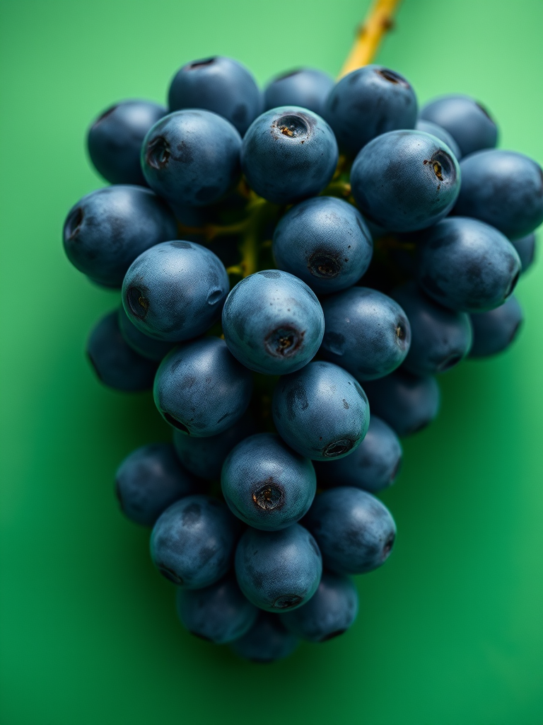 Create a high-resolution image of a cluster of blue grapes on a solid green background, using a macro lens, f/2.8 aperture, 50mm focal length, and soft LED lighting for enhanced texture and detail.