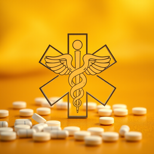 Create a high-resolution image of a medical symbol with a caduceus intertwined, set against a softly lit golden background with scattered white pills, using a Canon EOS R5 camera, 50mm lens, f/1.8 aperture, ISO 100, and a shallow depth of field for a professional look.