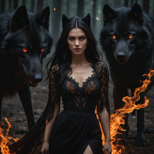 A woman with long dark hair, wearing a black lace dress that seamlessly blends into her skin with intricate floral patterns. She is in the foreground, with a black wolf beside her; its fur is midnight black, and it has glowing, intense, orange eyes that match hers. Her eyes are partially closed with burning embers above them, giving a fiery and mystical aura. The background is engulfed in tall, roaring flames, contributing to an overall dark and supernatural atmosphere. The colors are intense, predominantly black, fiery orange, and deep reds, with sharp contrast highlighting the mysterious and fierce theme. The flames are bright and dynamic, casting dramatic light and shadow, illuminating the woman and wolf while leaving parts in near darkness. The image evokes a sense of otherworldly power and connection between the woman and the wolf.
