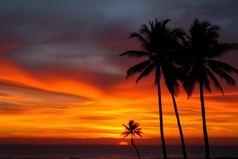 Generate an image of a vibrant sunset over a calm ocean with silhouettes of palm trees, using a DSLR camera, f/8 aperture, ISO 100, 24mm lens, 1/200 second shutter speed, shot in landscape mode for enhanced detail and depth.